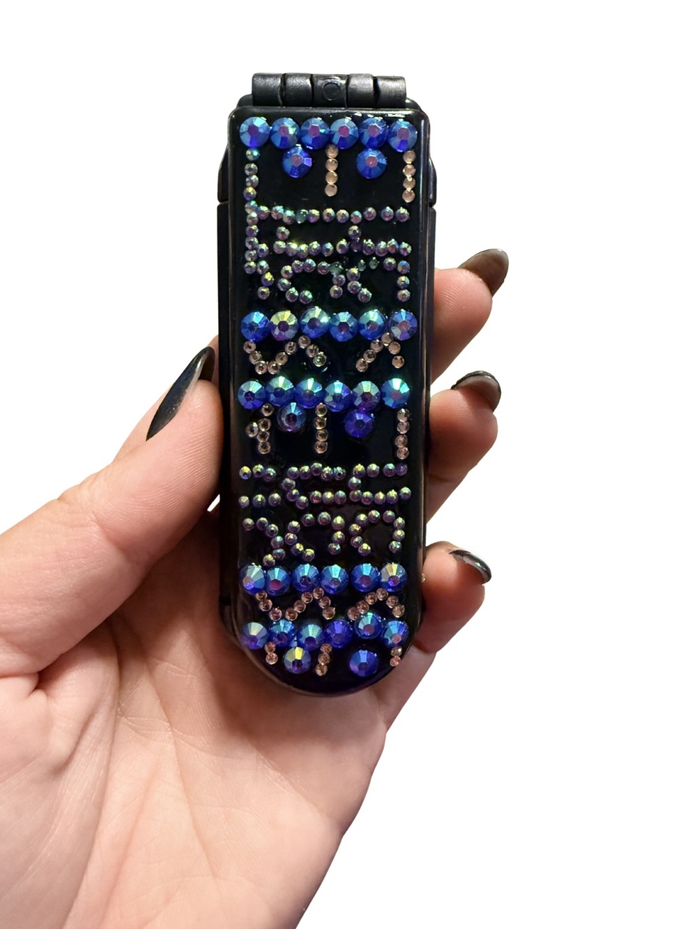 Custom bedazzled compact travel brush and mirror in one